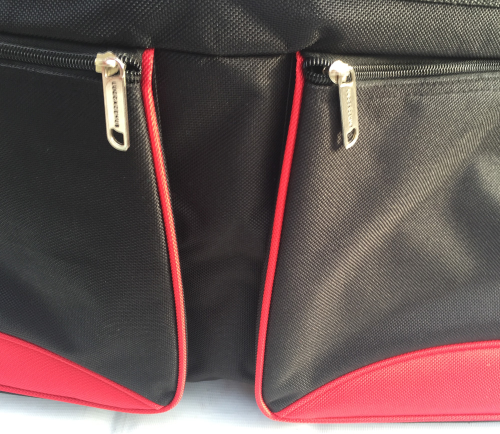 big red bag detail of side zipper double pocket