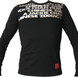 long sleeve black slim T-shirt, front side, printed jackie chan chinese zodiac in silver near the shoulder