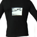 black long sleeve T-shirt view from back with at it center the drawing of buggy rollin pilot flying on a long jump