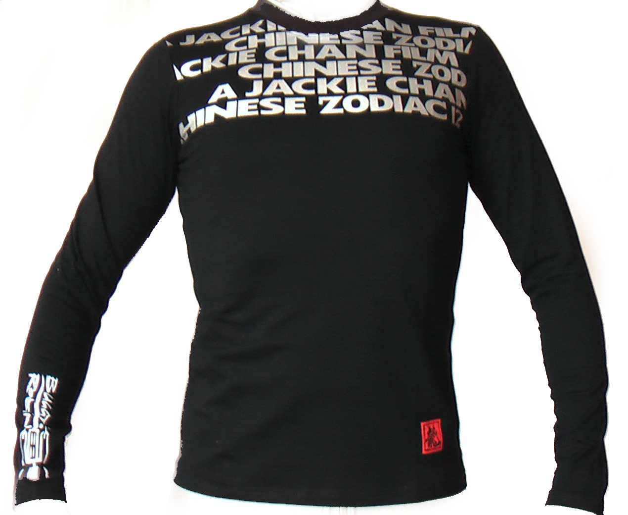 long sleeve black slim T-shirt, front side, printed jackie chan chinese zodiac in silver near the shoulder
