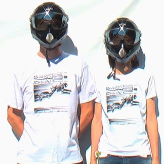 two person wearing white Buggy Rollin T-shirt with black full face helmet
