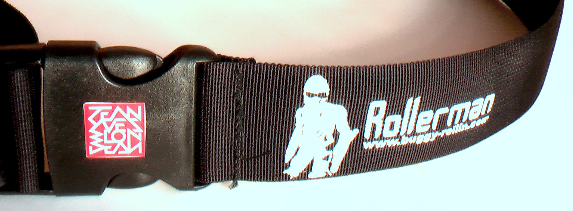 detail of the graphic design of rollerman printed on belt