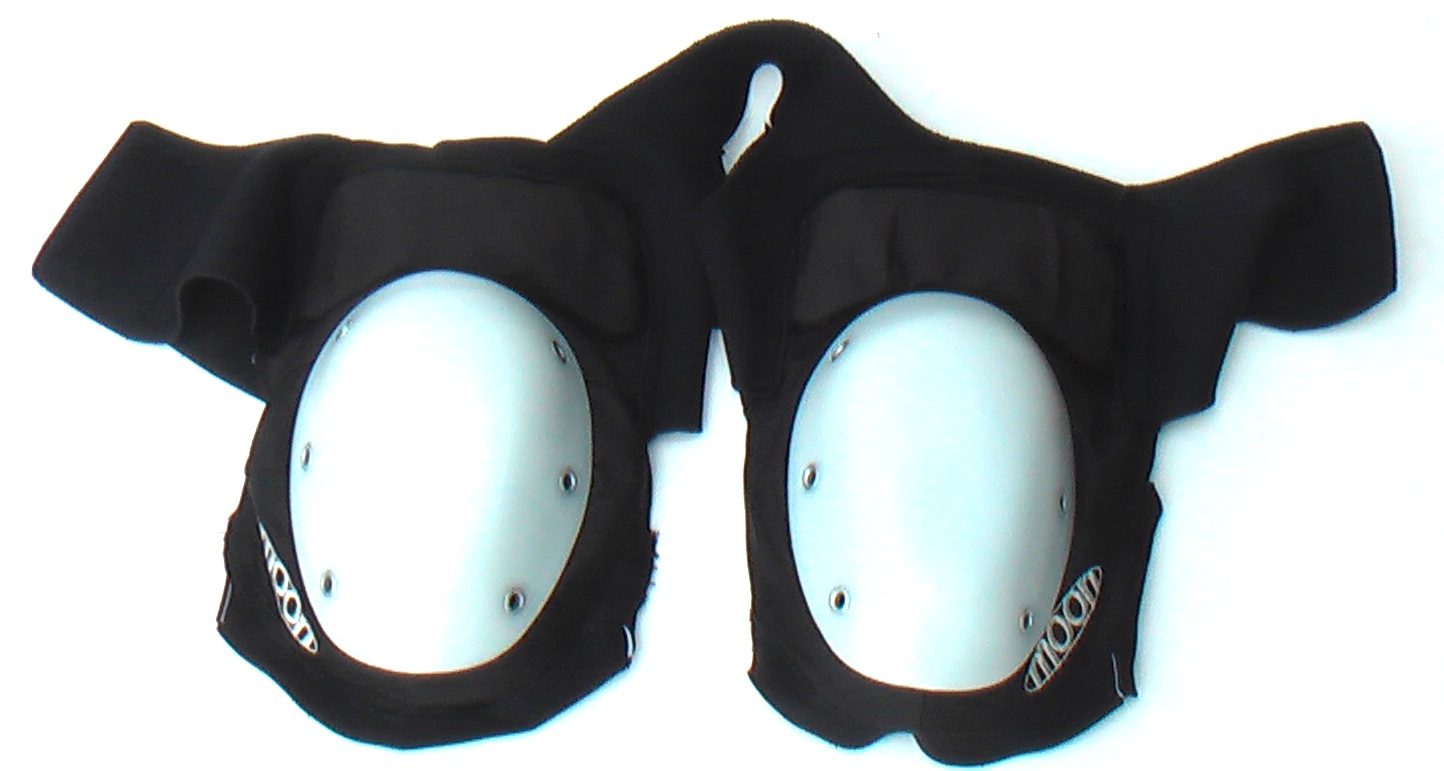 black buggy rollin shoulder protection, with white moon recap