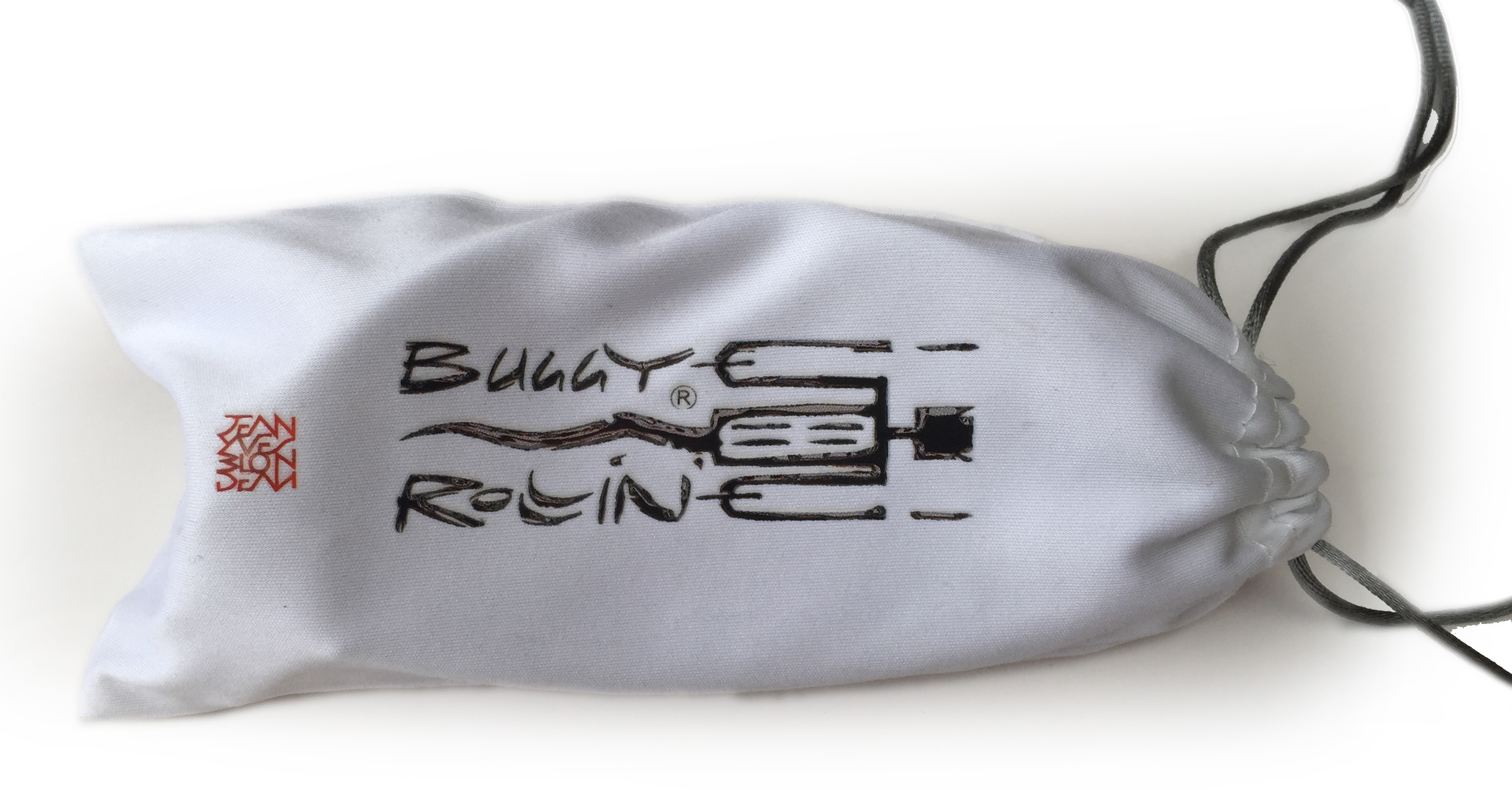 pocket house of buggy rollin sun glasses branded with black liquid buggy rollin logo designed by Jean Yves Blondeau