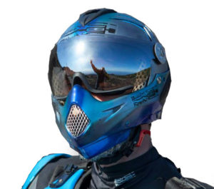 silver-blue helmet with reflection in visor
