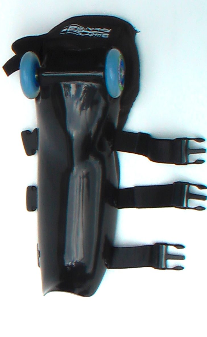 silver-blue leg made of black shell and blue wheels