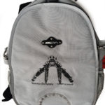 grey seba skate bag from front with buggy rollin zaphial mistake printing graphics by jean yves blondeau